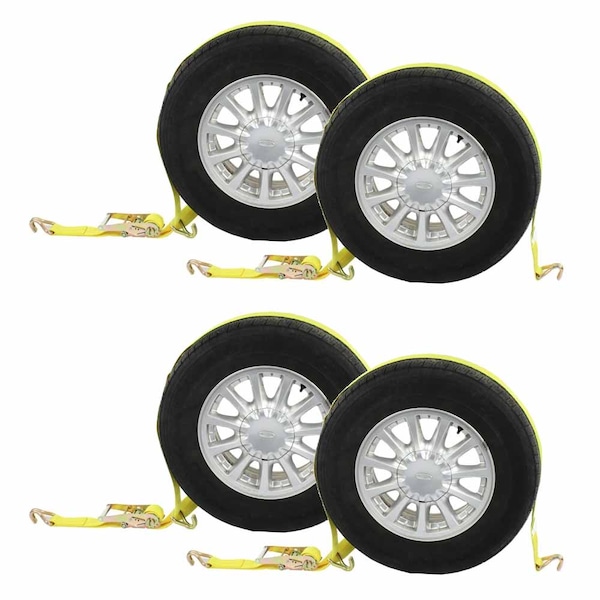 Us Cargo Control Car Carrier Tire Wheel Strap w/ Wire Hooks & Ratchet, PK4 WNTH31J-4PK - main